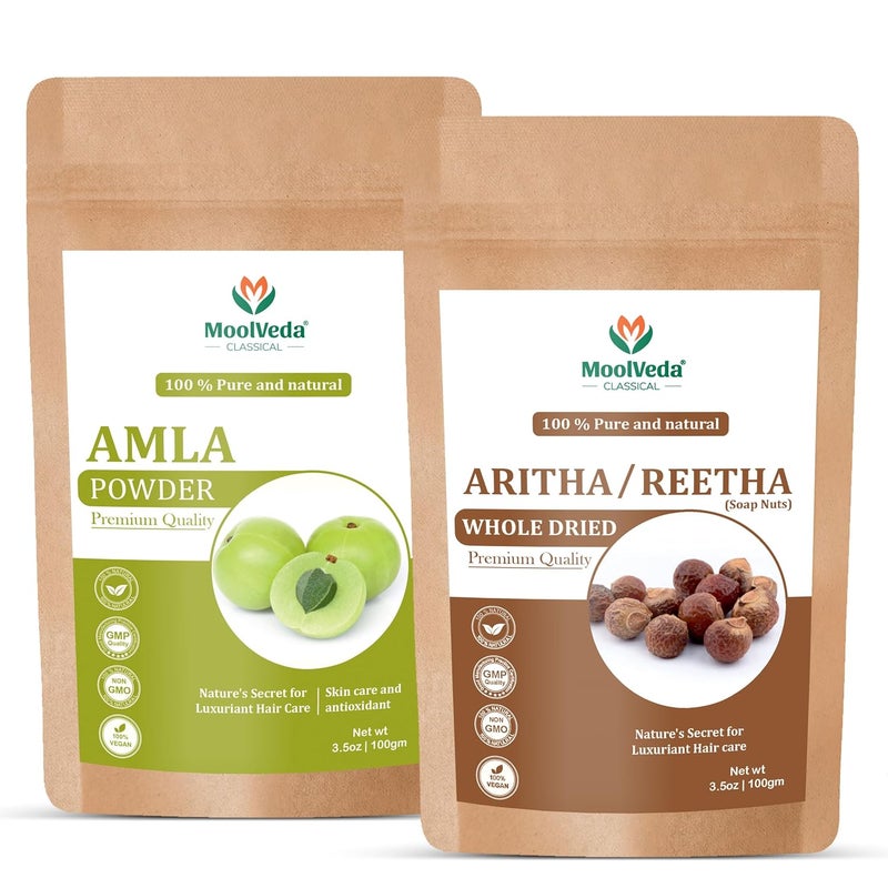 Moolveda Moolveda Pure Natural Amla Powder Aritha Soapnuts Special Combo For hair Care Silky and Shiny hair pack Each 100gm