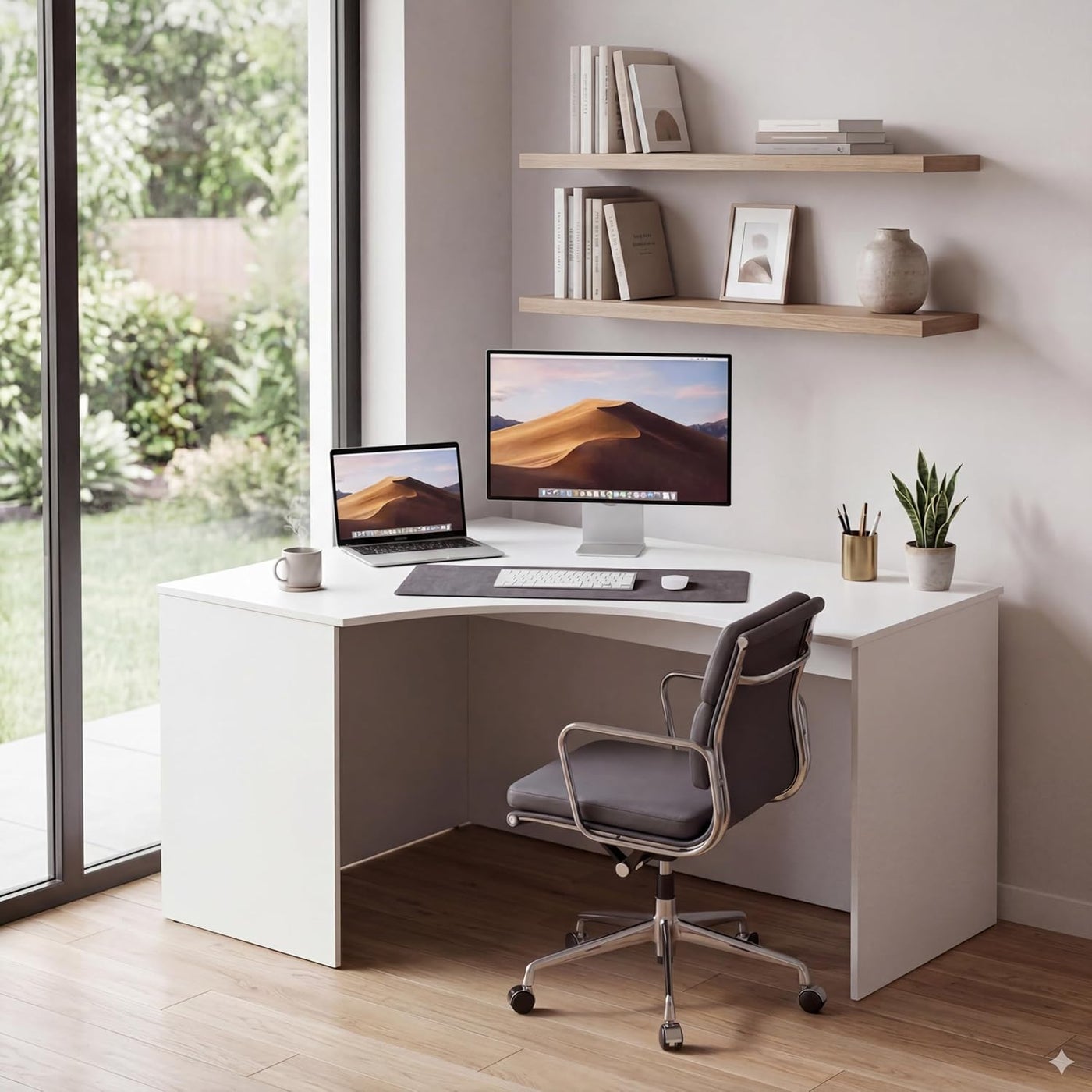 Skyland White Ergonomic Corner Office Desk Left-Hand 140x90 cm, Reinforced Computer Table with Ergo Cutout and Adjustable Feet, European Quality