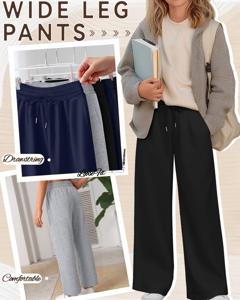 LessonZoo Teen Girls Sweatpants Wide Leg Drawstring Baggy Pants Straight Leg Athletic Trousers with Pockets Size 5-14(Navy Blue, Light Heather Gray, Black,7-8 Years) - Image 4