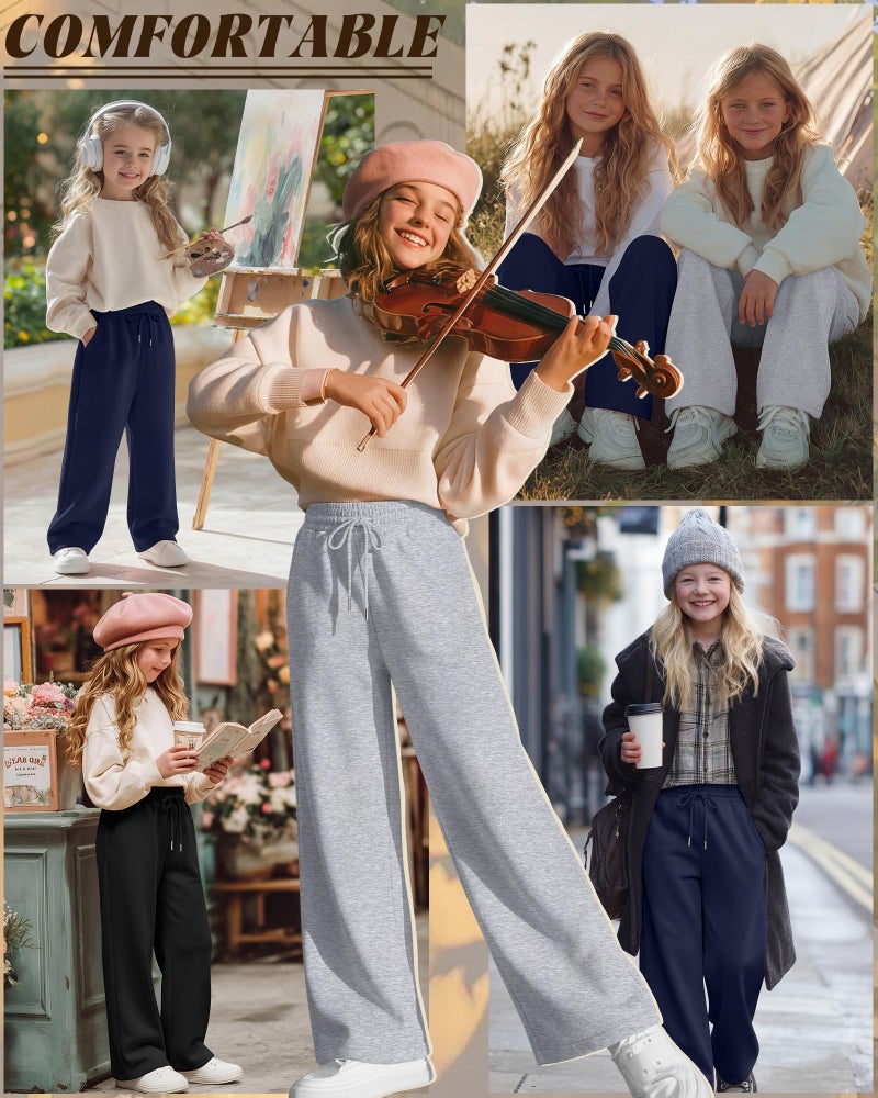 LessonZoo Teen Girls Sweatpants Wide Leg Drawstring Baggy Pants Straight Leg Athletic Trousers with Pockets Size 5-14(Navy Blue, Light Heather Gray, Black,7-8 Years) - Image 3