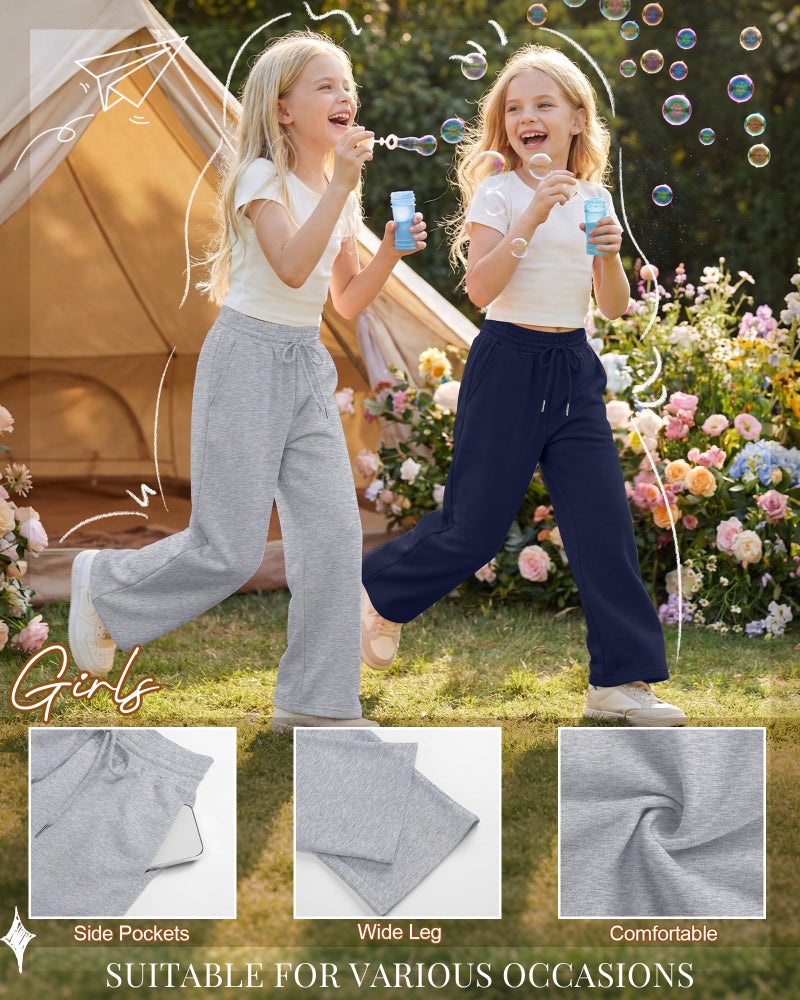 LessonZoo Teen Girls Sweatpants Wide Leg Drawstring Baggy Pants Straight Leg Athletic Trousers with Pockets Size 5-14(Navy Blue, Light Heather Gray, Black,7-8 Years) - Image 5