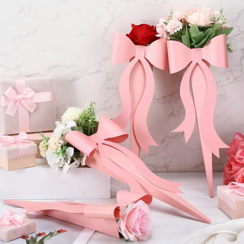 Lerheedi 24 Pcs Flower Bouquet Holder Mother's Day Single Rose Bow Theme Bags DIY Flower Wrapping Paper for Wedding Valentine Graduation Birthday Floral Arrangement(Pink) - Image 5