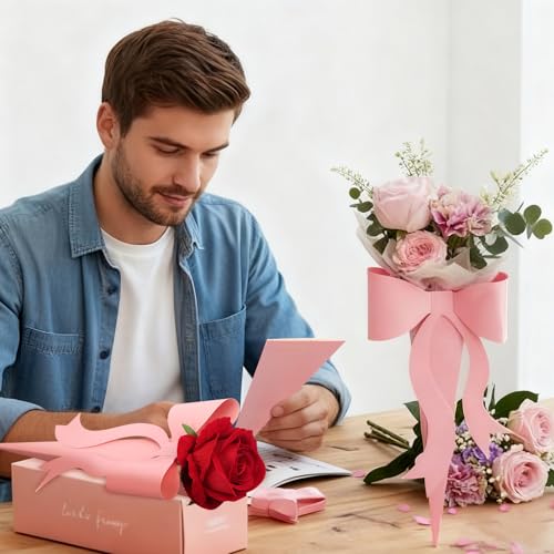 Lerheedi 24 Pcs Flower Bouquet Holder Mother's Day Single Rose Bow Theme Bags DIY Flower Wrapping Paper for Wedding Valentine Graduation Birthday Floral Arrangement(Pink) - Image 4