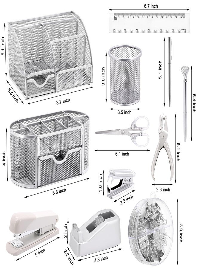 Froidesente 17 in1 Silvery Desk Organizers and Accessories Set, 3 Office Desk Supplies Storage Organization, 4 Pens, Stapler, Staples & Remover, Tape & Dispenser, Scissors, Ruler, Clips, Hole Punch, Sticky Holder - Image 2