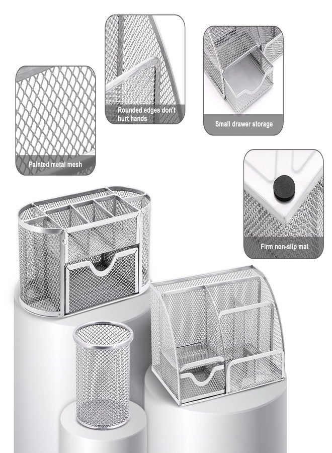 Froidesente 17 in1 Silvery Desk Organizers and Accessories Set, 3 Office Desk Supplies Storage Organization, 4 Pens, Stapler, Staples & Remover, Tape & Dispenser, Scissors, Ruler, Clips, Hole Punch, Sticky Holder - Image 3