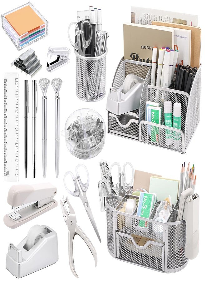 Froidesente 17 in1 Silvery Desk Organizers and Accessories Set, 3 Office Desk Supplies Storage Organization, 4 Pens, Stapler, Staples & Remover, Tape & Dispenser, Scissors, Ruler, Clips, Hole Punch, Sticky Holder - Image 1