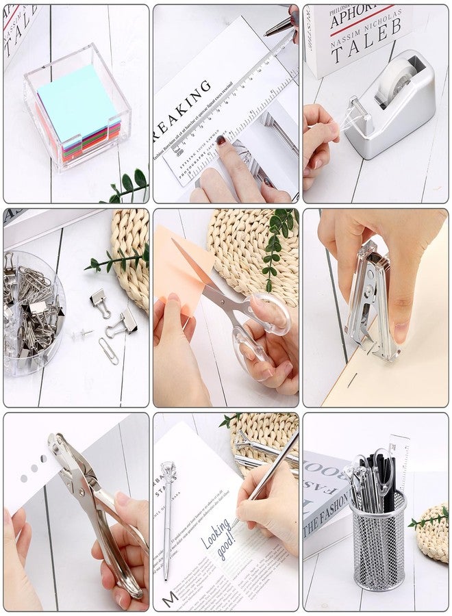 Froidesente 17 in1 Silvery Desk Organizers and Accessories Set, 3 Office Desk Supplies Storage Organization, 4 Pens, Stapler, Staples & Remover, Tape & Dispenser, Scissors, Ruler, Clips, Hole Punch, Sticky Holder - Image 5