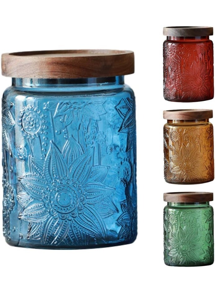 Vintage Glass Jar, Sunflower Storage Jar, 23.7 FL OZ Glass Jar with Solid Wood Lid, Glass Food Storage Canister for Kitchen, Laundry Detergent, Coffee, Candy Jar Cute Jar (Blue) - Image 1