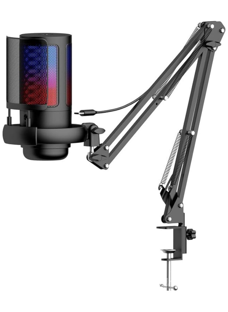 RGB Gaming Microphone with Extendable Arm for PC/PS5 with Volume Controlling, Pop Filter, Gaming Mic with Quick Mute, Condenser Podcast Microphone for Streaming Twitch/Discord/YouTube - Black - Image 1