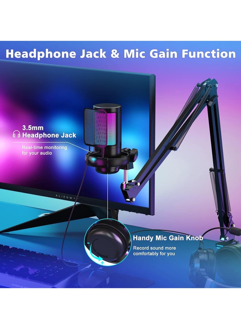 RGB Gaming Microphone with Extendable Arm for PC/PS5 with Volume Controlling, Pop Filter, Gaming Mic with Quick Mute, Condenser Podcast Microphone for Streaming Twitch/Discord/YouTube - Black - Image 2
