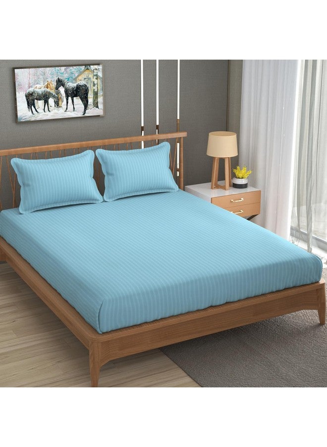 Homefab India 160 TC Stripe Glace Cotton Double BedSheet with 2 Pillow Covers - (90x90 inches) - Light Blue - Image 2