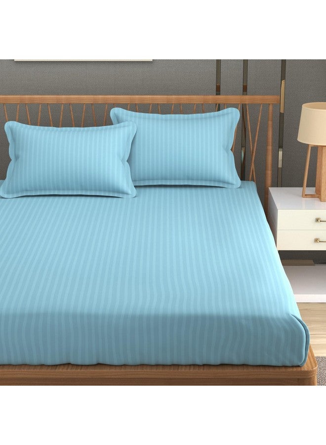 Homefab India 160 TC Stripe Glace Cotton Double BedSheet with 2 Pillow Covers - (90x90 inches) - Light Blue - Image 1