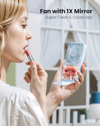 Gaiatop Portable Handheld Fan, 3 Speed LED Makeup Mirror with Light, Folding Stand for Desktop, Rechargeable Mini Personal Fans Small Travel Essentials Gifts for Women Girls - Image 5