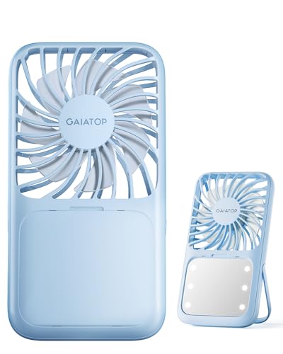 Gaiatop Portable Handheld Fan, 3 Speed LED Makeup Mirror with Light, Folding Stand for Desktop, Rechargeable Mini Personal Fans Small Travel Essentials Gifts for Women Girls - Image 1