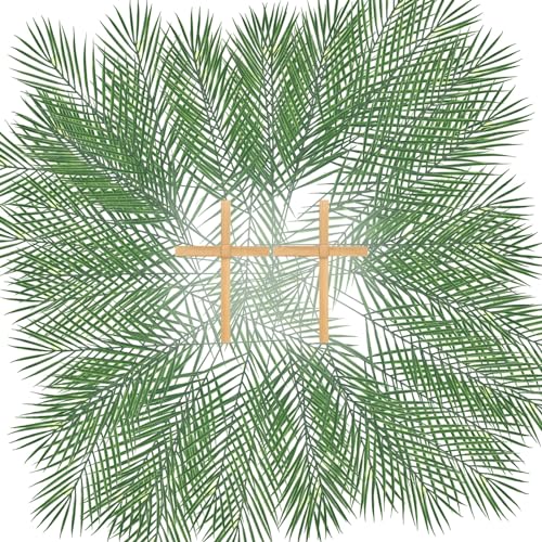 FineCheer 50 Pcs Easter Palm Sunday Decoration Crafts Including 25 5'' Religious Crosses and 25 9.4'' Artificial Palm Leaves Large Faux Plants Branches for Sunday Church Arrangement Party Decoration - Image 1
