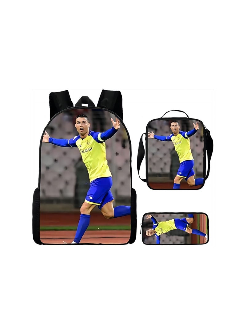CR7 C Ronaldo Children Backpack Daypack Schoolbag Teen Boys School Book bag with Lunch Box Pen Case 3 in 1