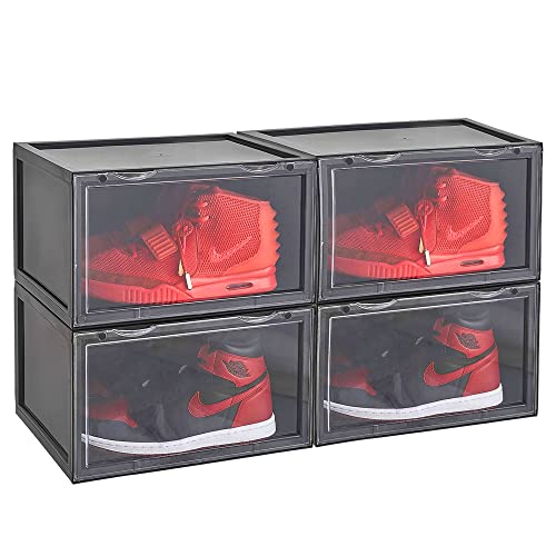 AYSIS Multipurpose Sneaker Containers Bins, Shoe Storage Box, Clear Plastic Stackable Organizer for Closet, Space Saving Foldable Shoe Sneaker Containers Bins Holders (Pack of 4, Black, Rectangular) - Image 1