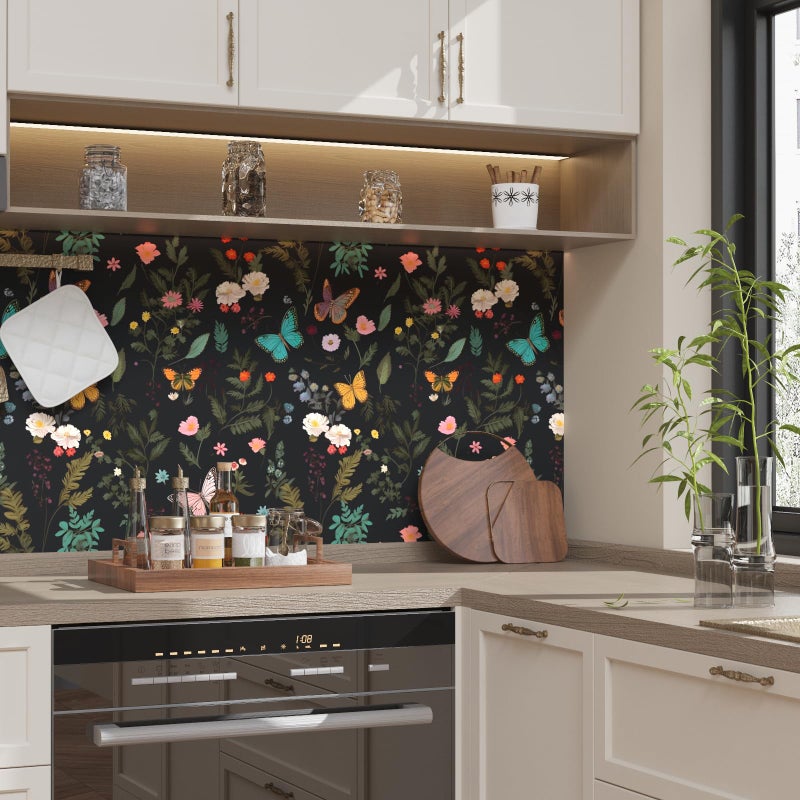 VOLEAAR Black Butterfly Wallpaper Peelable, Vintage Dark Wallpaper with Colorful Butterfly Pattern, Boho Floral Contact Paper Stick on Bedroom Cabinet Drawer Shelf Liner Backsplash 17.5In x 9.8Ft - Image 3