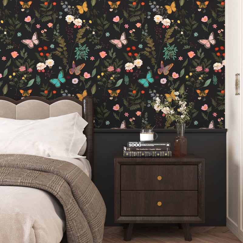 VOLEAAR Black Butterfly Wallpaper Peelable, Vintage Dark Wallpaper with Colorful Butterfly Pattern, Boho Floral Contact Paper Stick on Bedroom Cabinet Drawer Shelf Liner Backsplash 17.5In x 9.8Ft - Image 2