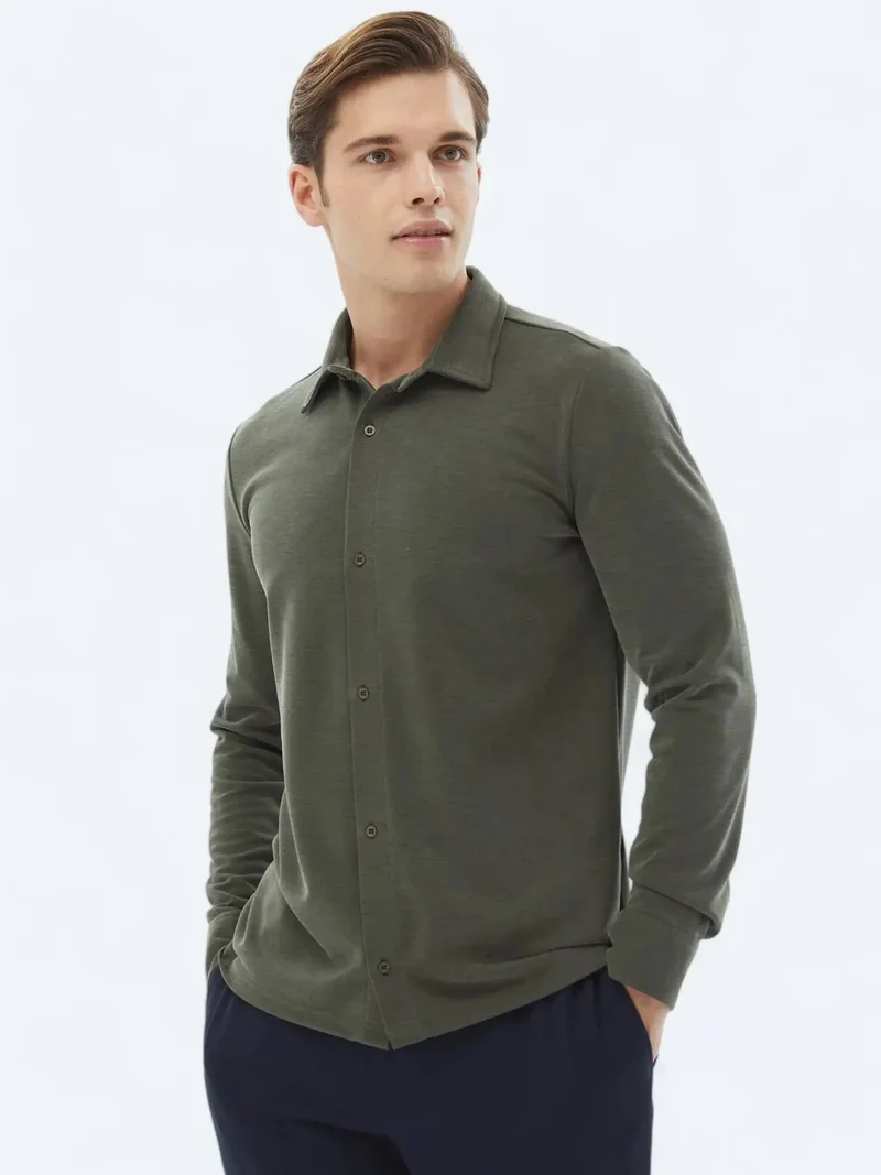 Kip Khaki Plain Regular Fit Knitting Casual Shirt