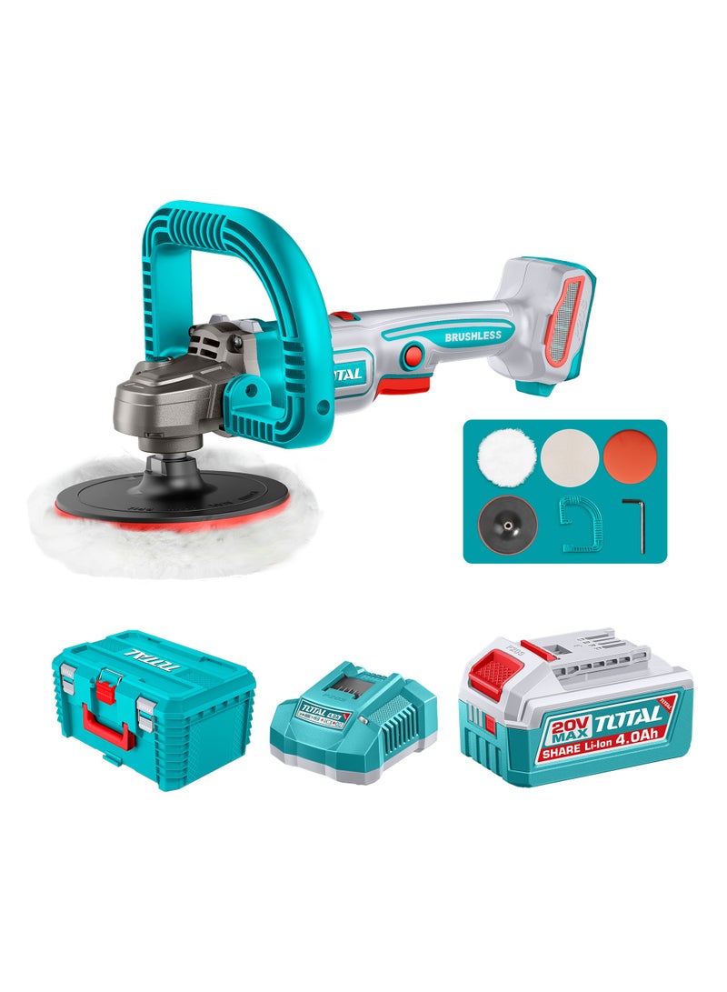 TOTAL 20V Cordless Brushless Car Polisher - 180mm Buffer & Sander Kit with 4.0Ah Battery, 4A Fast Charger, D-Handle, Wool Bonnets & Case - TAPLI20188 - Image 1