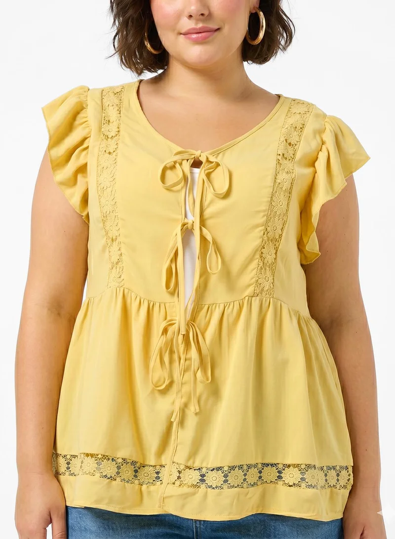 Ginger Plus Boho Embroidered Tie Up Top