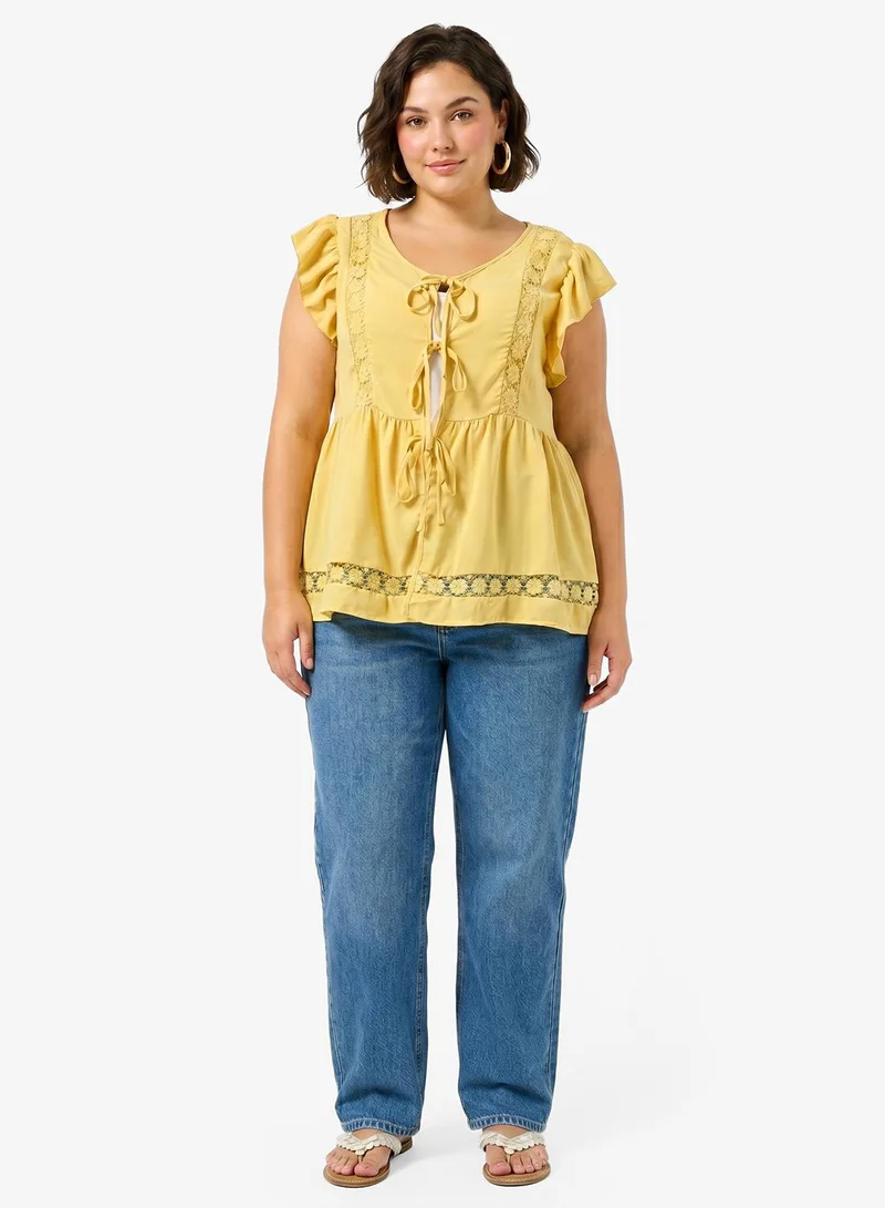 Ginger Plus Boho Embroidered Tie Up Top