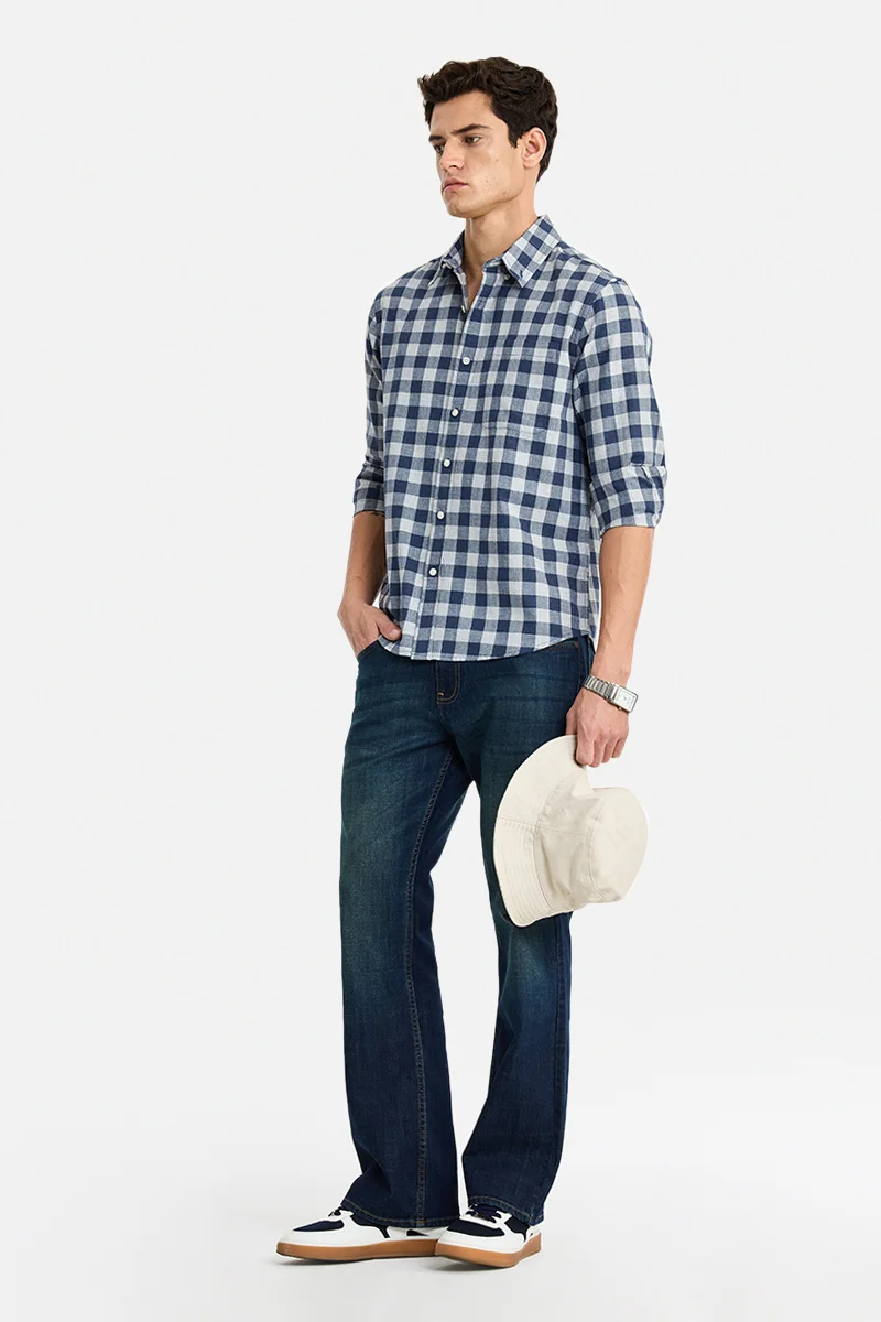 SNITCH Navy Blue Checkered Long Sleeve Regular Fit Casual Shirt