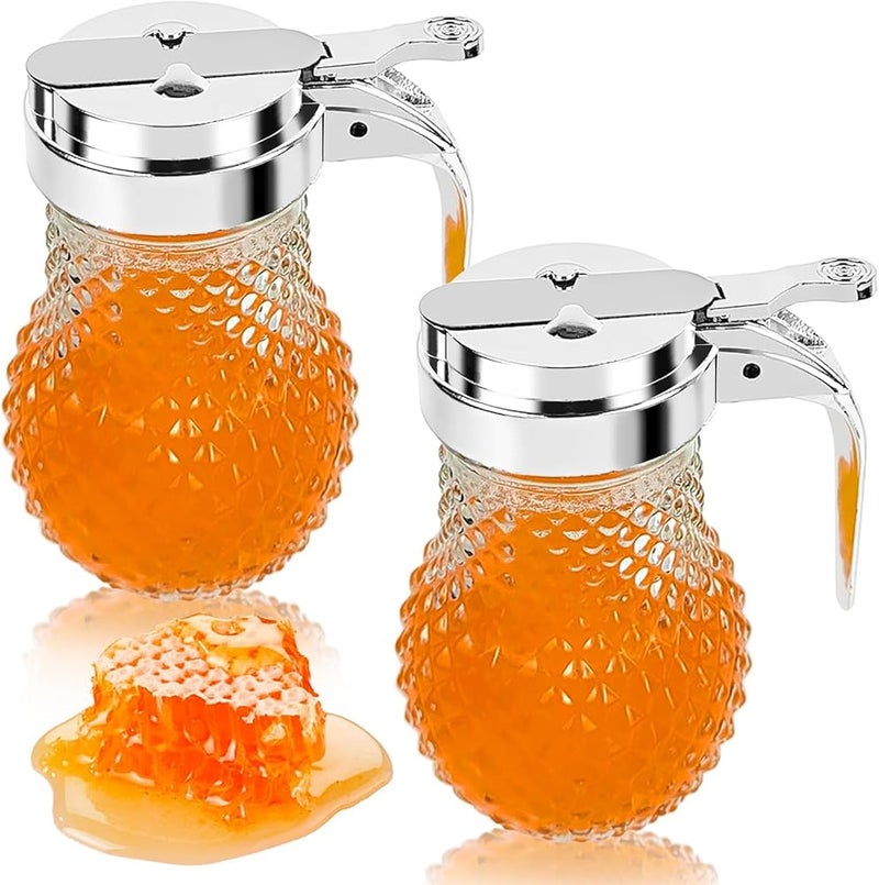 KASTWAVE 2 Pcs 8oz Glass Honey Syrup Dispenser Jars with Handle, Leak-Proof, Durable Commercial-Grade Maple Syrup Storage Containers, Easy-Pour Honey Pot for Home Kitchen, Pancakes, Baking and Serving - Image 1