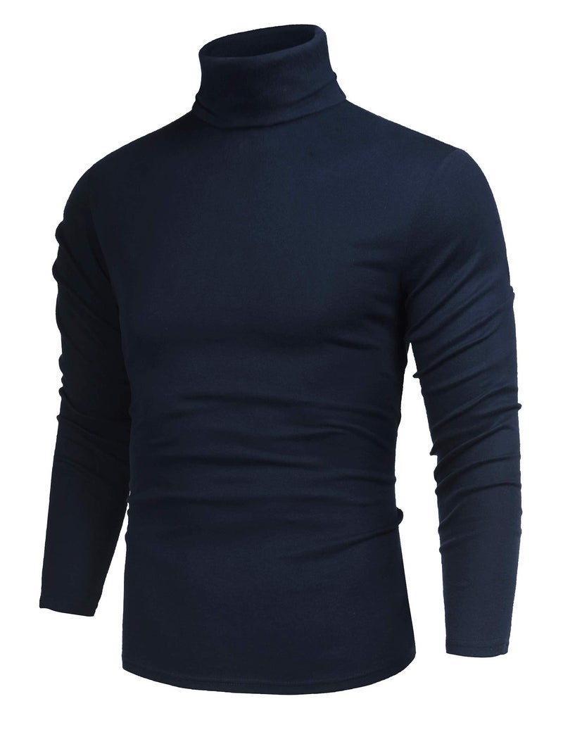 Poriff Men's Classic Fit Solid Color Cotton Tops Long Sleeve Turtleneck Pullover Basic Sweater Navy Blue S - Image 1