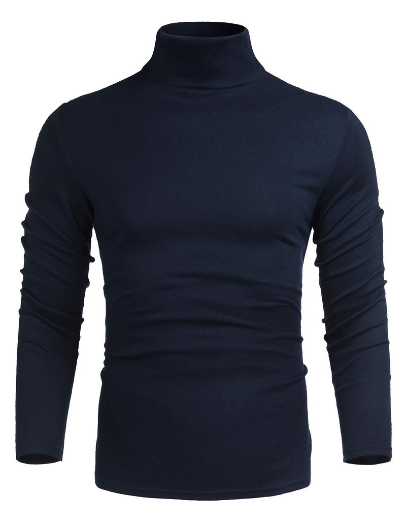 Poriff Men's Classic Fit Solid Color Cotton Tops Long Sleeve Turtleneck Pullover Basic Sweater Navy Blue S - Image 2
