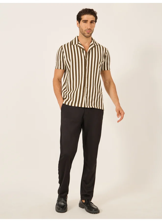 فورت كولينز Fort Collins Men Brown Striped Short Sleeve Regular Fit Shirt