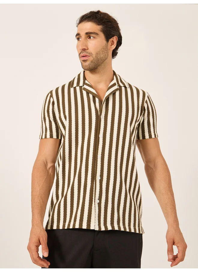 فورت كولينز Fort Collins Men Brown Striped Short Sleeve Regular Fit Shirt