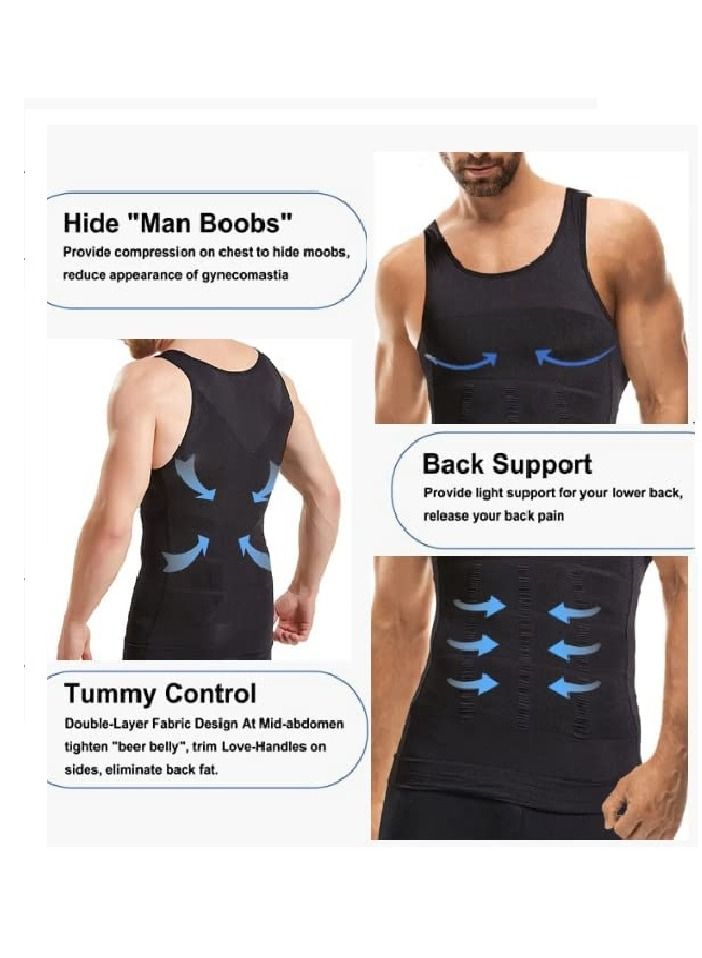 Men’s Slimming Body Shaper Vest Shirt Abs Abdomen Slim Stretchable Tummy Tucker Vest Black Medium - Image 3