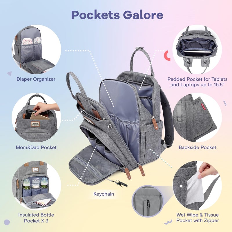 RUVALINO Diaper Bag Backpack, Multifunction Travel Pack Maternity Baby Changing Bags, Large Capacity, Waterproof, Gray - Image 3