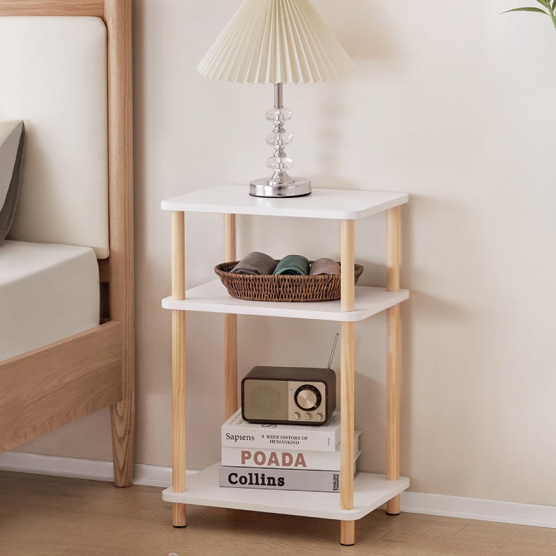 Apicizon 3 Tier Nightstand End Table with Storage Shelf Wooden Vinyl Record Farmhouse Bedside Table for Small Spaces Bedroom Living Room Easy Assembly WhiteNatural
