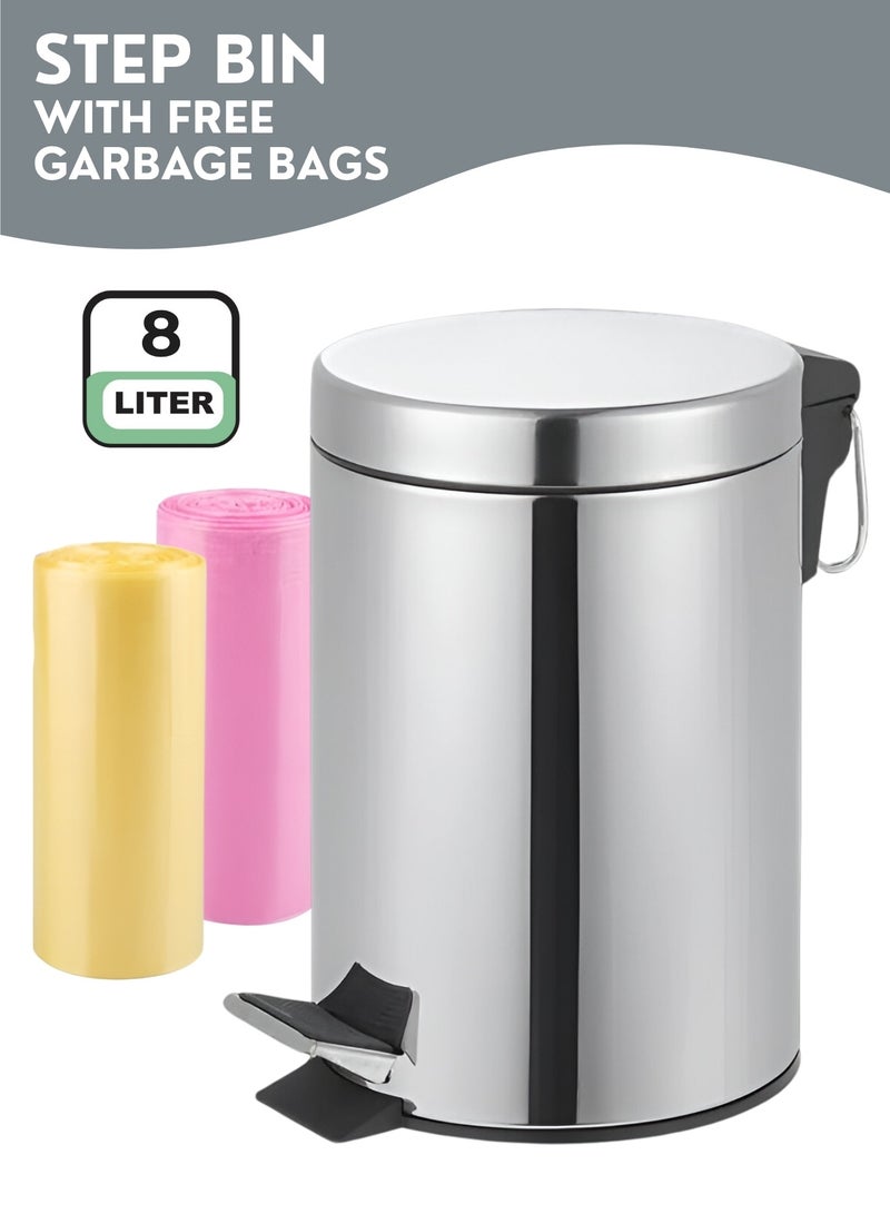 Zefzon 8L Stainless Steel Step Trash Can with Pedal & Lid – Hands-Free Small Garbage Bin, Easy to Clean Soft Close Metal Waste Bin for Bathroom, Kitchen & Office, Modern Compact Dustbin with Free Trash Bags - Image 1