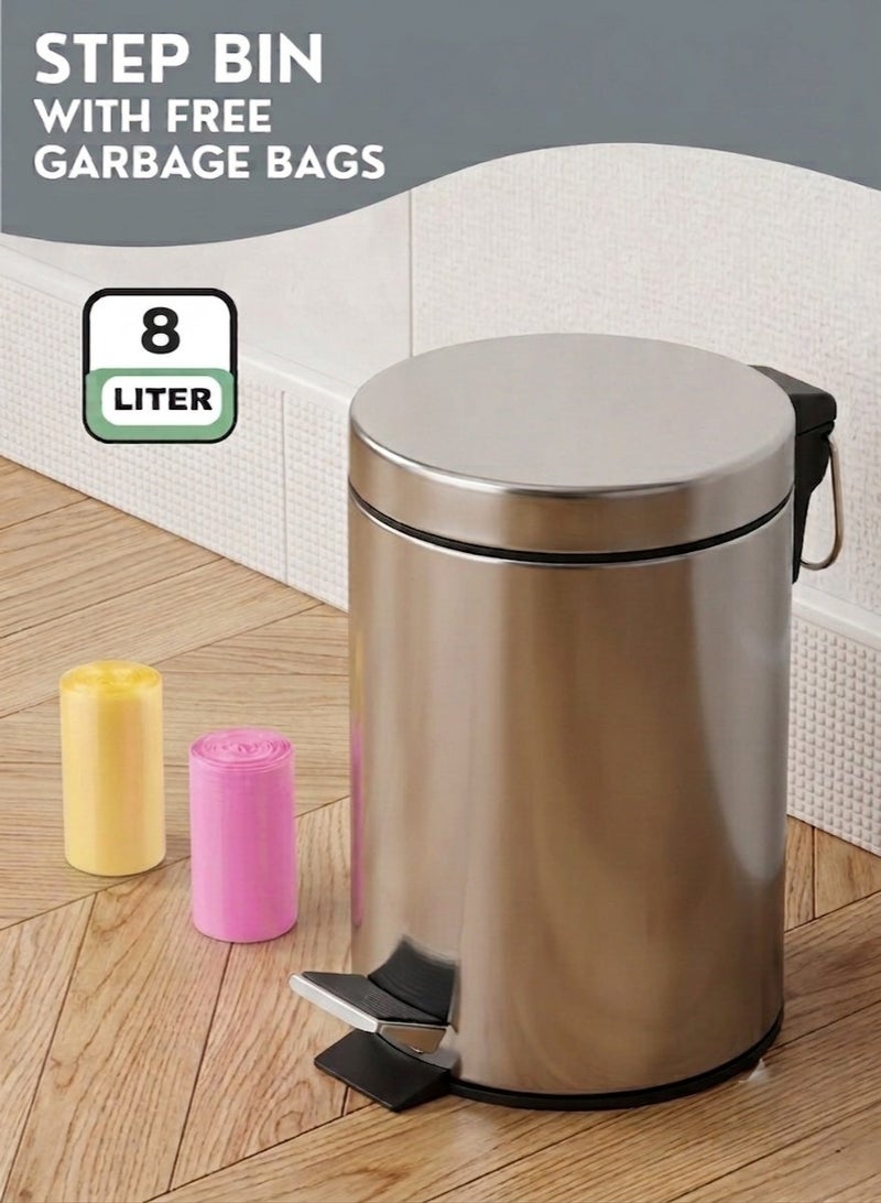 Zefzon 8L Stainless Steel Step Trash Can with Pedal & Lid – Hands-Free Small Garbage Bin, Easy to Clean Soft Close Metal Waste Bin for Bathroom, Kitchen & Office, Modern Compact Dustbin with Free Trash Bags - Image 1
