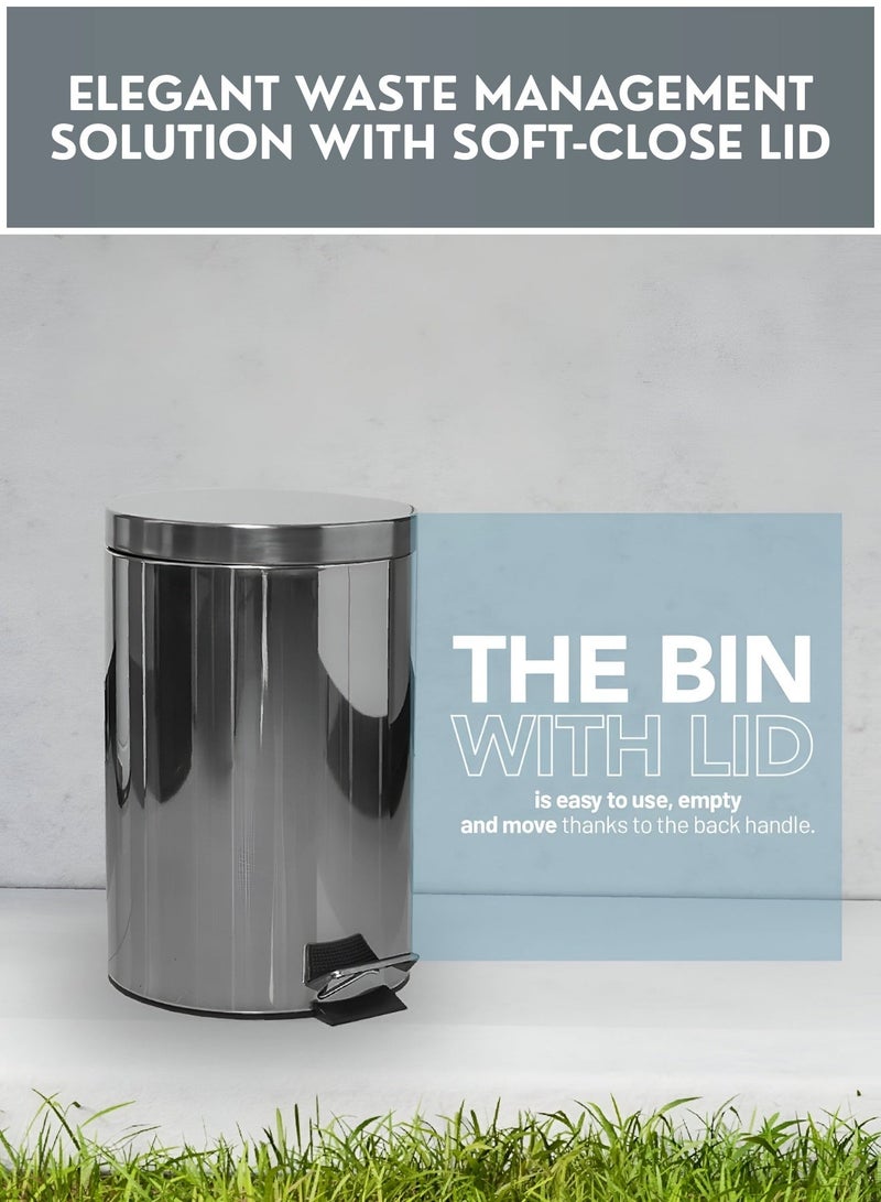 Zefzon 8L Stainless Steel Step Trash Can with Pedal & Lid – Hands-Free Small Garbage Bin, Easy to Clean Soft Close Metal Waste Bin for Bathroom, Kitchen & Office, Modern Compact Dustbin with Free Trash Bags - Image 5
