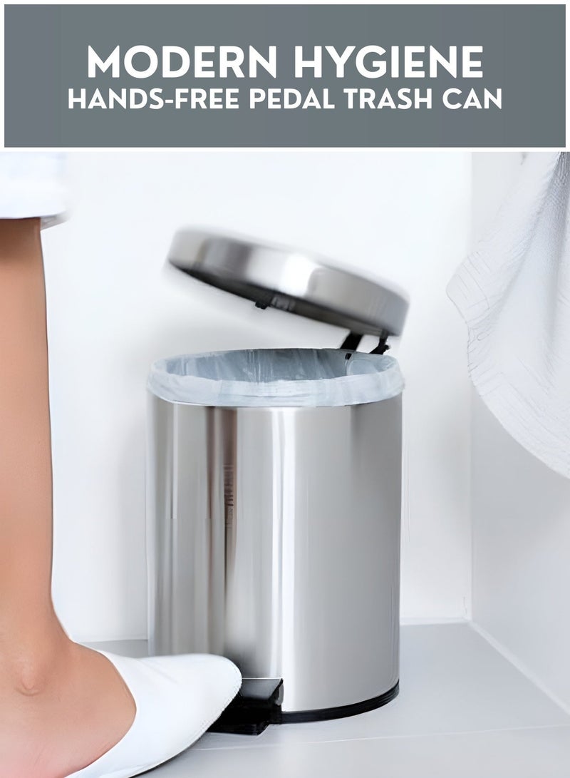 Zefzon 8L Stainless Steel Step Trash Can with Pedal & Lid – Hands-Free Small Garbage Bin, Easy to Clean Soft Close Metal Waste Bin for Bathroom, Kitchen & Office, Modern Compact Dustbin with Free Trash Bags - Image 2