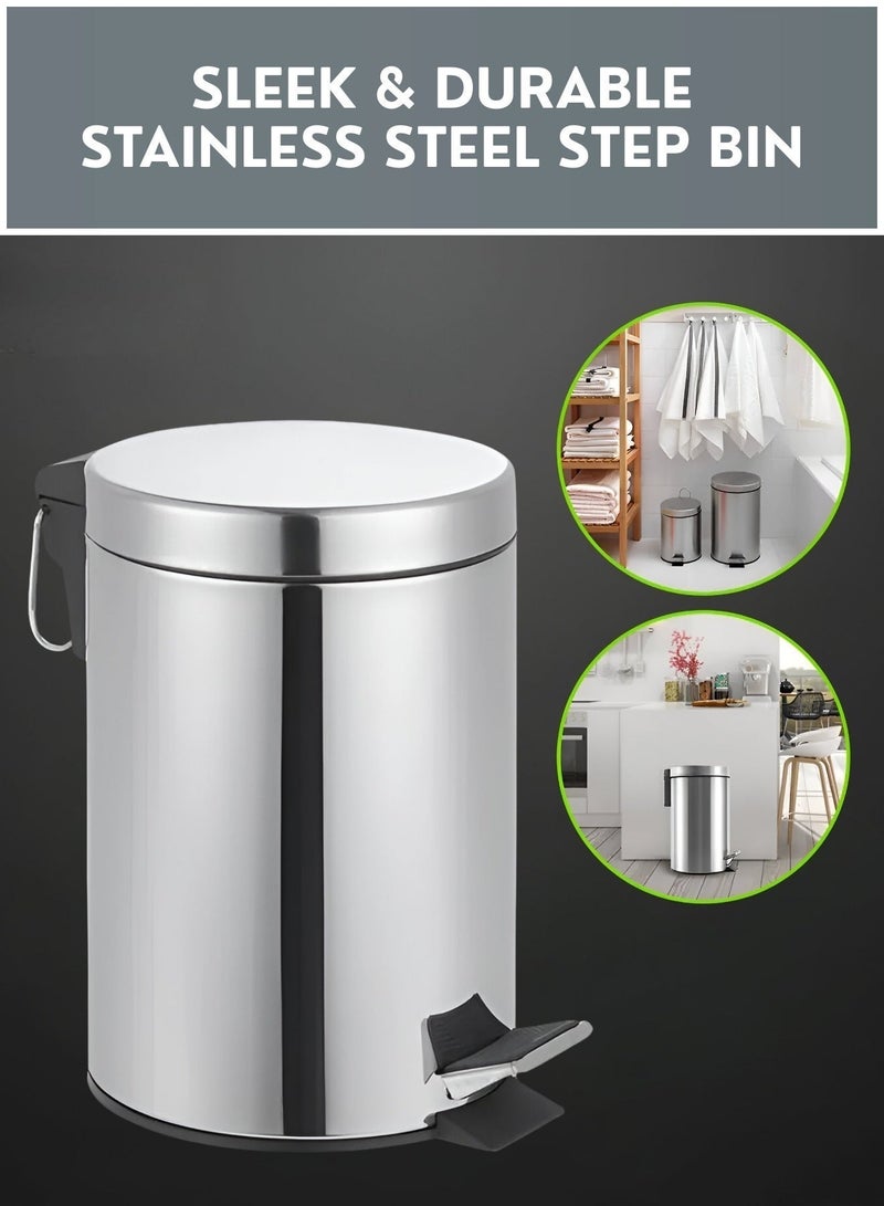 Zefzon 8L Stainless Steel Step Trash Can with Pedal & Lid – Hands-Free Small Garbage Bin, Easy to Clean Soft Close Metal Waste Bin for Bathroom, Kitchen & Office, Modern Compact Dustbin with Free Trash Bags - Image 3