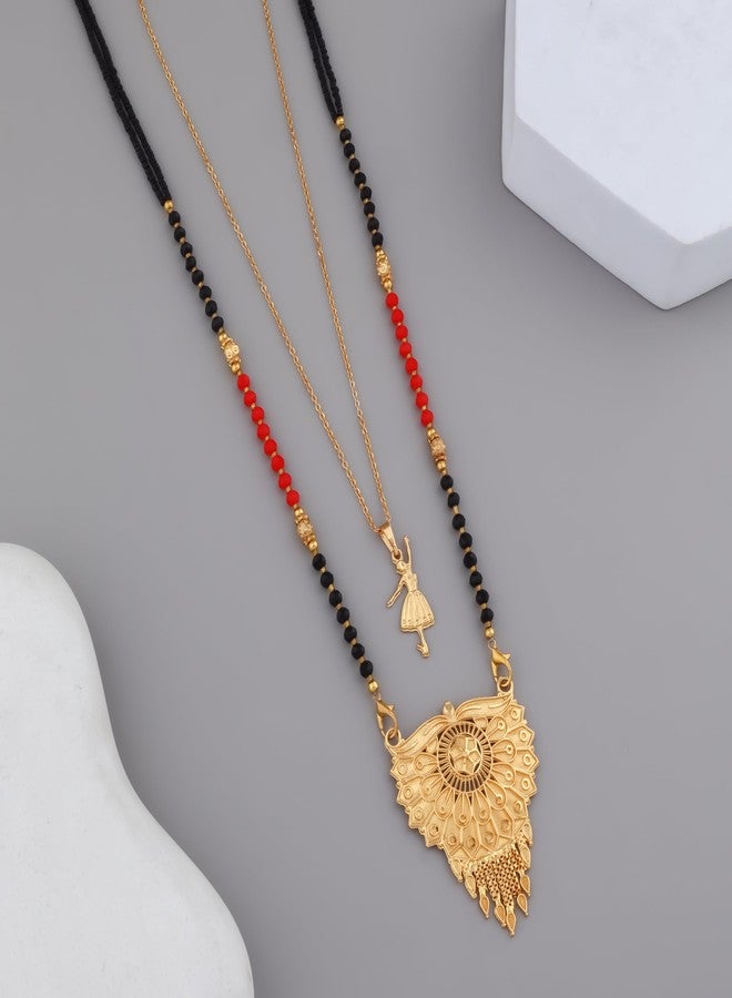 MALKYN Women's Ethnic Gold-Plated Peacock Motif Mangalsutra and Delicate Ballerina Pendant Layered Necklace Set, Traditional Black Beaded Wedding Jewelry for Women-MD-065 - Image 2