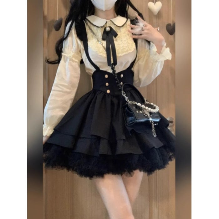 plus size College Style Tight Waist Strap Bow Strap Dress Womens Spring and Autumn Pure Desire Sweet Doll Collar Shirt Two-piece Set Shirt + suspender skirt suit (without bustle)
