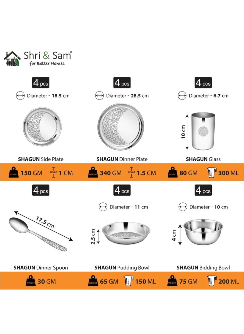 Shri & Sam Designer Stainless Steel Floral Shagun Laser Bloom Dinner Set, 24 Pieces - Image 2
