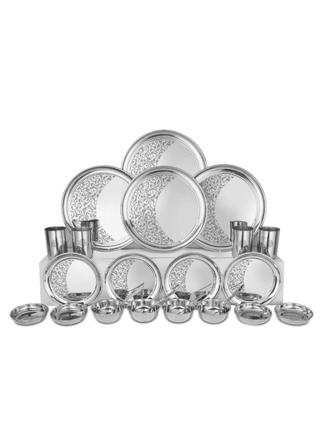 Shri & Sam Designer Stainless Steel Floral Shagun Laser Bloom Dinner Set, 24 Pieces - Image 1