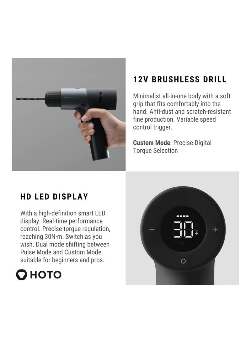 HOTO HOTO 12V Brushless Electric Drill Kit QWDZGJ001 Tool Set With Different Tools,12V Brushless Drill,Multipurpose Needlenose Plier & Measure Tape - Black - Image 5