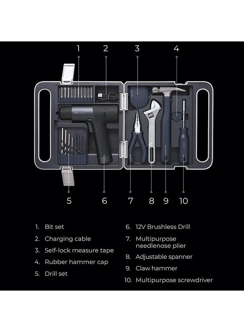 HOTO HOTO 12V Brushless Electric Drill Kit QWDZGJ001 Tool Set With Different Tools,12V Brushless Drill,Multipurpose Needlenose Plier & Measure Tape - Black - Image 3