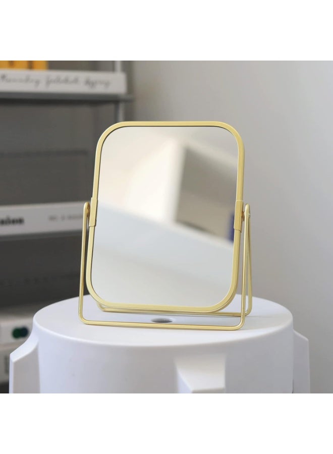 ديكور هيلز مرآة مكياج ذهبية، مرآة تزيين مربعة مزدوجة الجوانب، تدور بزاوية 360 درجة، عالية الدقة، بإطار معدني، مناسبة للمنزل، والحمام، والمكتب، وطاولة الزينة | تصميم ديكور عتيق - Image 1