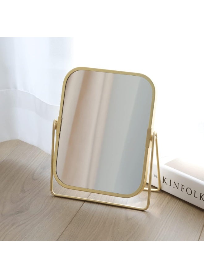 ديكور هيلز مرآة مكياج ذهبية، مرآة تزيين مربعة مزدوجة الجوانب، تدور بزاوية 360 درجة، عالية الدقة، بإطار معدني، مناسبة للمنزل، والحمام، والمكتب، وطاولة الزينة | تصميم ديكور عتيق - Image 2