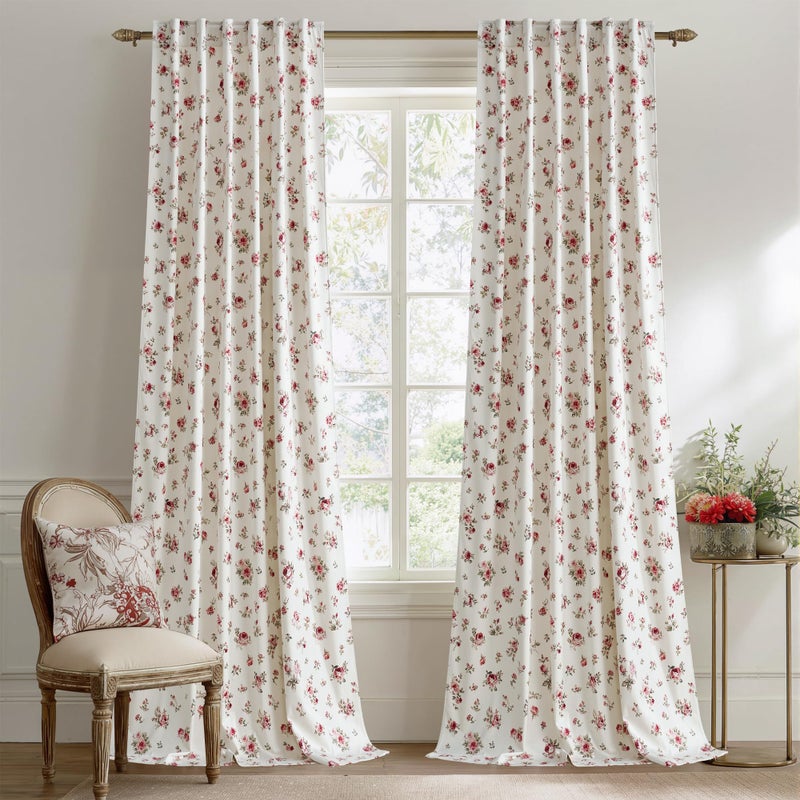 StangH Ivory Floral Vintage Curtains for Living Room, Printed Red Rose Patterns on Soft Velvet Thermal Insulated Farmhouse Style Drapes for Sliding Door, W52 x L84, 2 Panels - Image 1